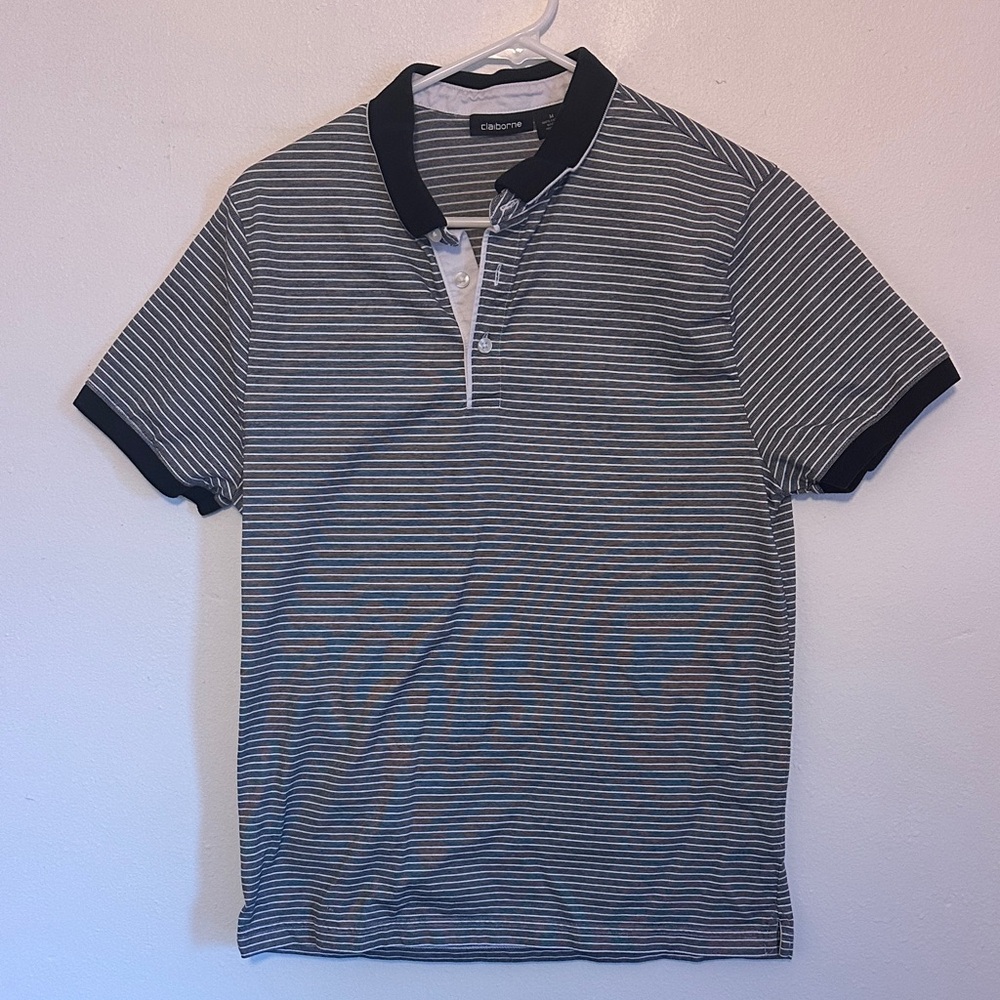 Claiborne Black and White Striped Polo Shirt